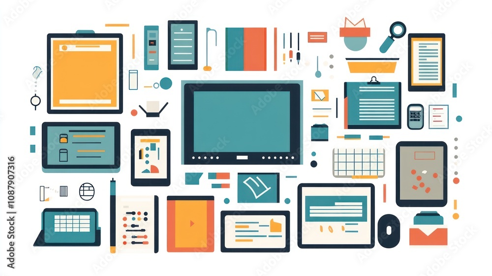 A flat design illustration of various office supplies and technology devices such as a computer monitor, laptop, tablet, smartphone, keyboard, mouse, pen, and paper on a white background. A flat design illustration of various office supplies and technology devices such as a computer monitor, laptop, tablet, smartphone, keyboard, mouse, pen, and paper on a white background.