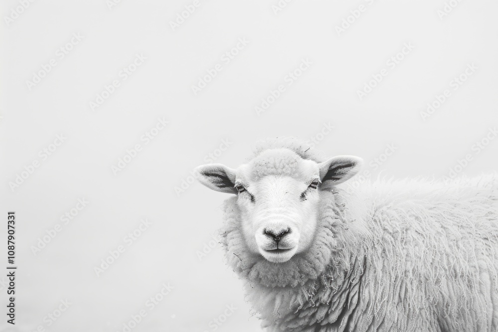 Fototapeta premium A lone sheep standing in a misty field, great for rural or nature-themed backgrounds
