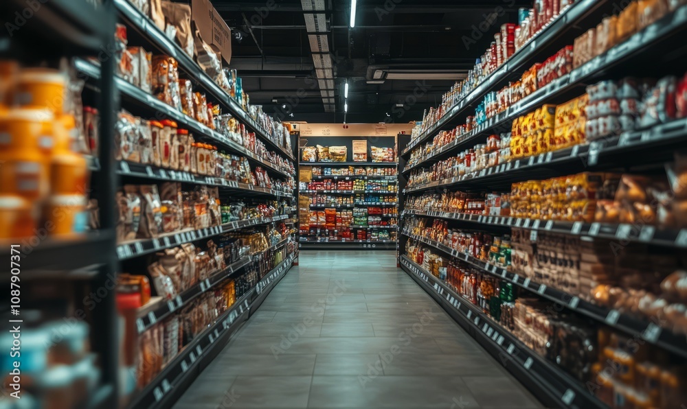 A supermarket aisle with shelves stocked with various packaged food items, snacks, and beverages A supermarket aisle with shelves stocked with various packaged food items, snacks, and beverages