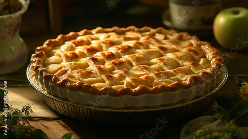 "Stock photo of a classic apple pie, freshly baked and perfectly golden, ideal for showcasing traditional desserts, autumn baking, or family gatherings."