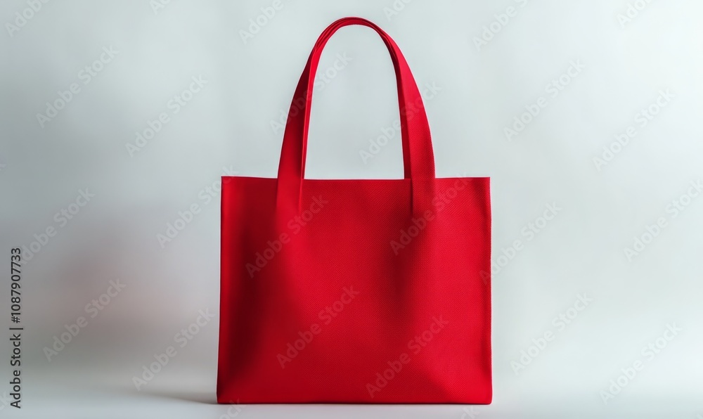 A vibrant red tote bag displayed flat on a white surface, offering a bold canvas for branding or advertising A vibrant red tote bag displayed flat on a white surface, offering a bold canvas for branding or advertising