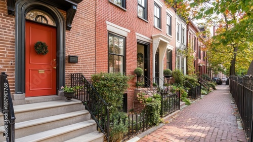 Brick Row Houses on a Cobblestone Street