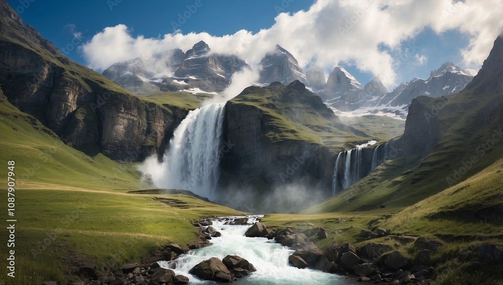Fototapeta premium Crystal Clear Waterfall Descends From Mountain Top