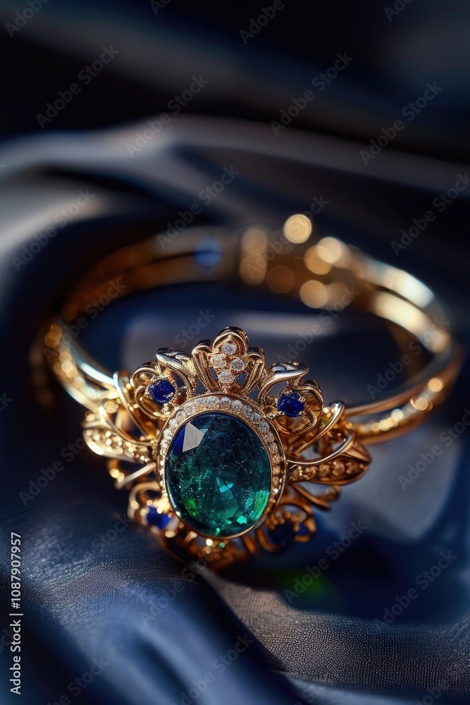 A detailed view of a ring featuring a vibrant green gemstone A detailed view of a ring featuring a vibrant green gemstone