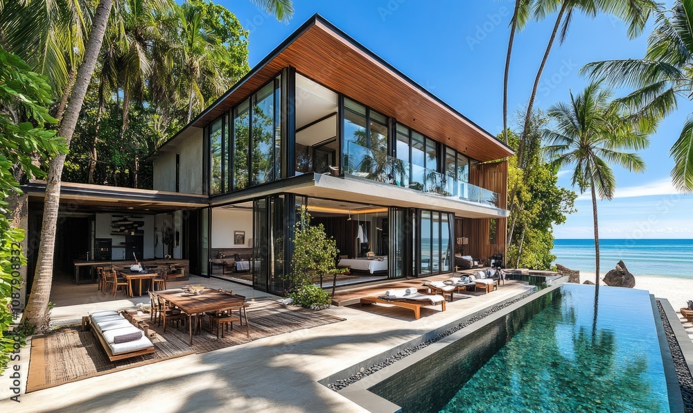 Fototapeta premium Modern beachfront villa with glass walls and spacious terraces overlooking the ocean.