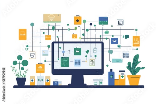 Illustration of a computer monitor connected to various online shopping icons representing an e-commerce network.