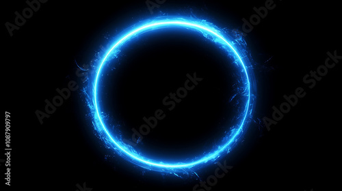 Abstract blue neon background with a glowing circular frame, portal or vortex and light effect on a black backdrop