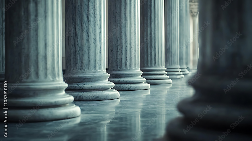 Close up of the marble pillars with a side view of a court building, with an unblurred background Space for a banner in the right part with a copy area Close up of the marble pillars with a side view of a court building, with an unblurred background Space for a banner in the right part with a copy area