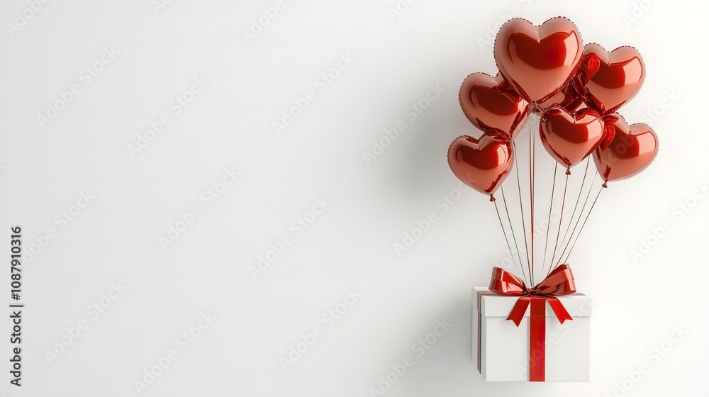 A gift box adorned with a bright ribbon, floating on heart-shaped balloons on the white background A gift box adorned with a bright ribbon, floating on heart-shaped balloons on the white background