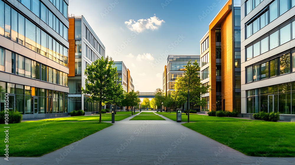 Naklejka premium Modern campus with modern architecture, green lawns and trees in front of the building