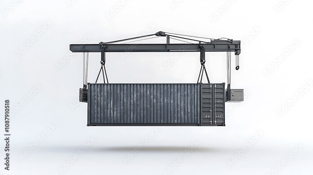 3d rendering of a shipping container being carried by a mobile crane, barely isolated on white background 3d rendering of a shipping container being carried by a mobile crane, barely isolated on white background