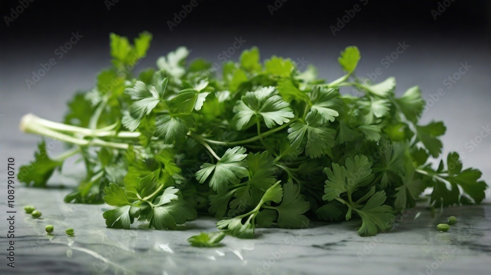 Fresh green parsley bunch on marble surface with scattered parsley seeds. Fresh green parsley bunch on marble surface with scattered parsley seeds.