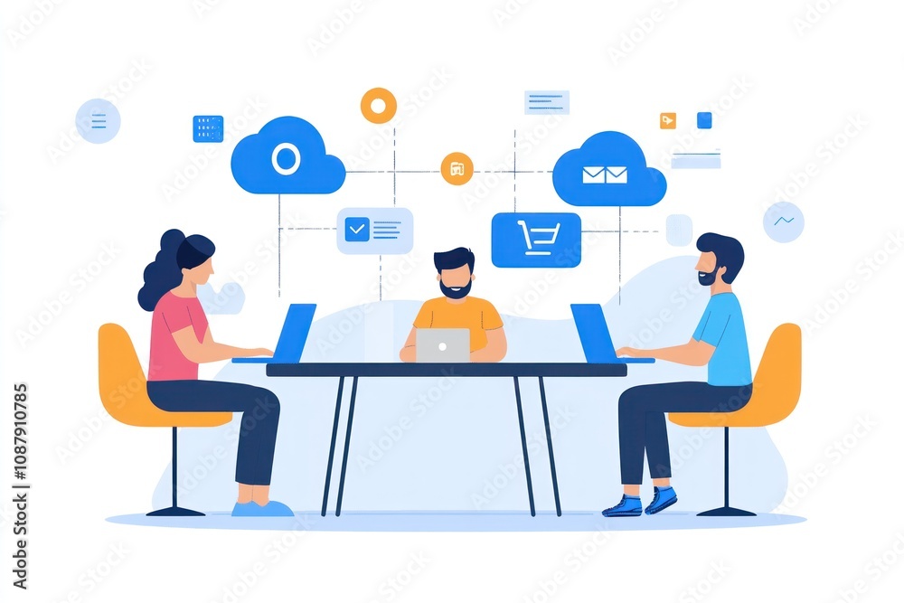 A team of three people working on laptops, connected by a cloud computing network. A team of three people working on laptops, connected by a cloud computing network.