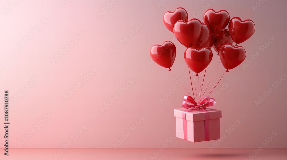 A gift box decorated with a golden ribbon and bow, flying on pink heart-shaped balloons A gift box decorated with a golden ribbon and bow, flying on pink heart-shaped balloons