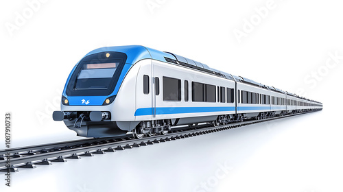 A city electric train composed of long train wagons is isolated on a white background, illustrating the structure and components of modern urban transit