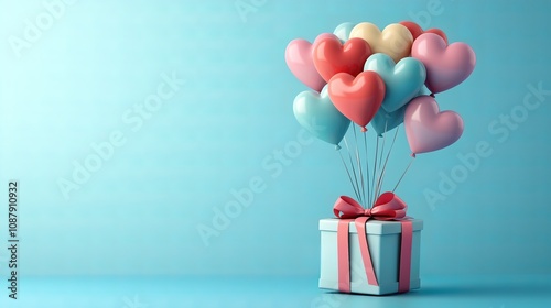 A gift box tied with a pink ribbon, floating on red heart-shaped balloons on the blue background