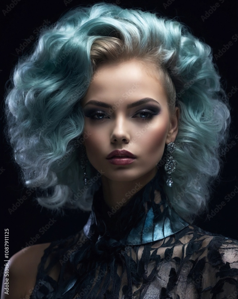 Fototapeta premium High resolution, detailed portrait photography. Beauty lighting. Extreme hairdressing competition. Beautiful young hair model. Fantasy hairstyle made with a special technique, extreme make-up.