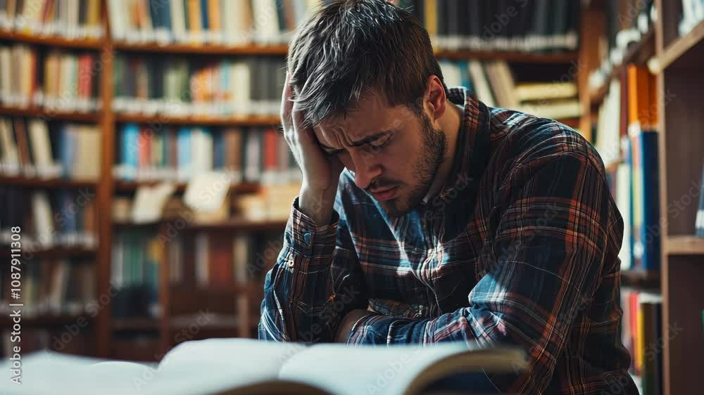 A man is sitting in a library with his head on his hand. He is looking at a book and he is in a state of deep thought A man is sitting in a library with his head on his hand. He is looking at a book and he is in a state of deep thought
