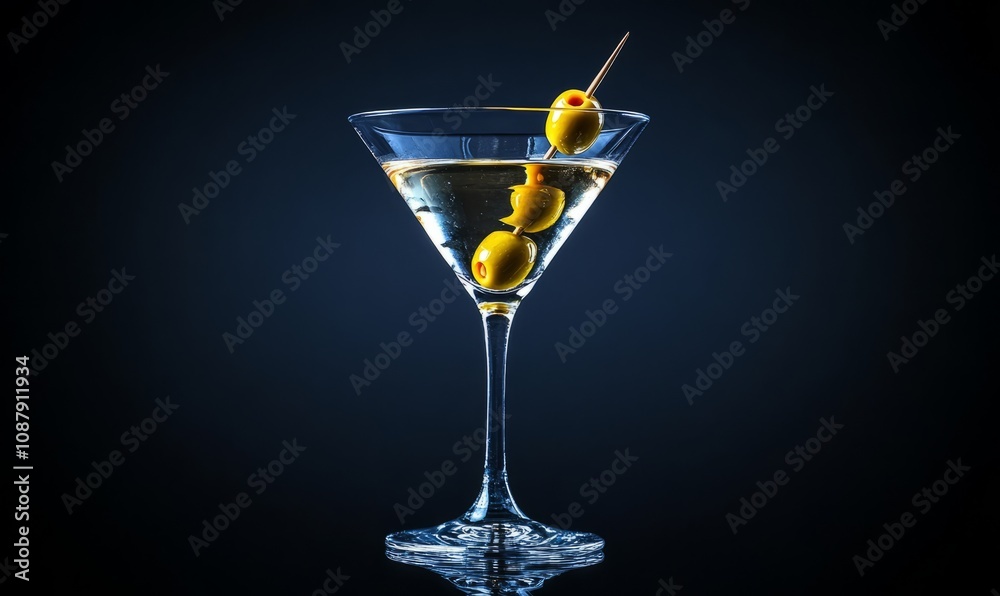 Martini cocktail in a classic martini glass garnished with a green olive on a toothpick against a dark background Martini cocktail in a classic martini glass garnished with a green olive on a toothpick against a dark background