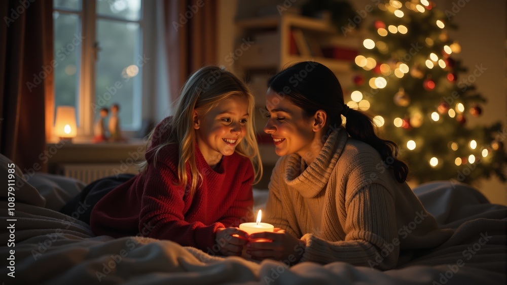 A cozy winter evening with a mother and daughter sharing a candlelit moment by the Christmas tree