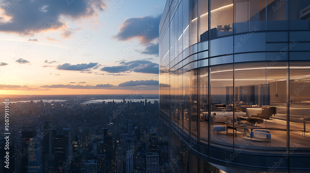 Naklejka premium Modern curved glass building, sleek and minimalist architecture panoramic city view at sunset, captured from an elevated perspective