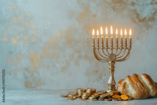 A Hanukkah menorah with nine candles, festive gelt coins, dreidel, challah bread photo