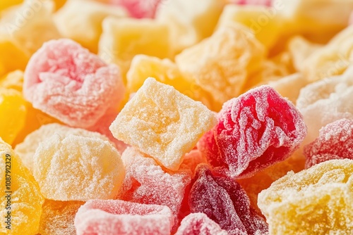 Colorful freeze dried fruit pieces, close-up texture shot photo