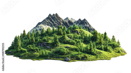 Lush Green Landscape with Majestic Mountains and Dense Forests Surrounded by Rocks on a Sunny Day, Ideal for Nature and Outdoor Themed Projects