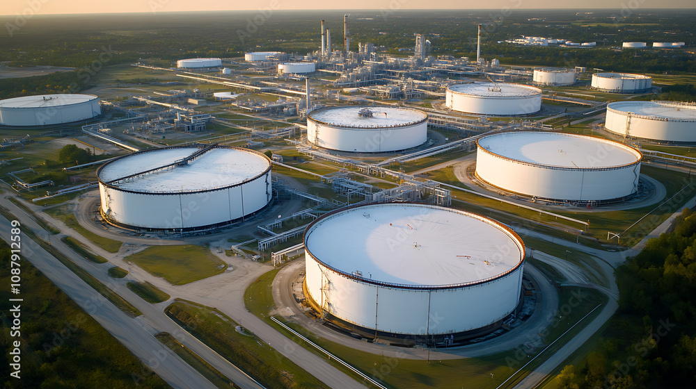 Large oil storage tanks at an industrial refinery