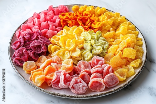 Colorful freeze dried fruits on plate, vibrant, sweet photo