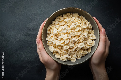 Hands holding bowl of freeze dried candy on dark surface photo