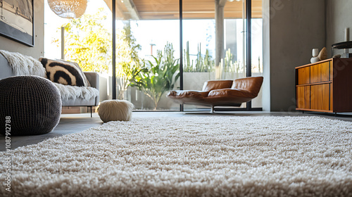 Low angle view of a room with fluffy carpet and stylish furniture on the floor indoors photo