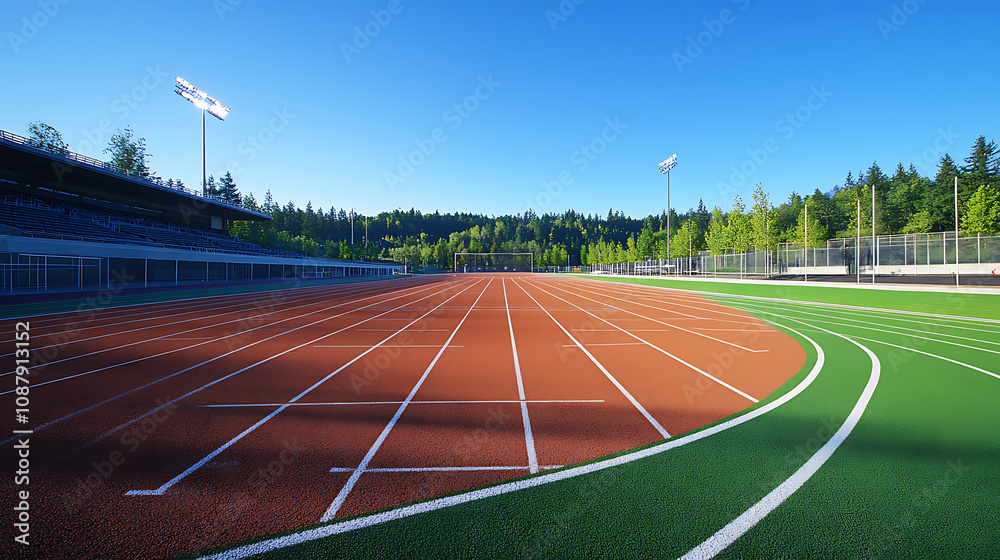 Obraz premium The standard lines and marks on a sports stadium running track are displayed, offering a clear view of the markings used for athletic competitions