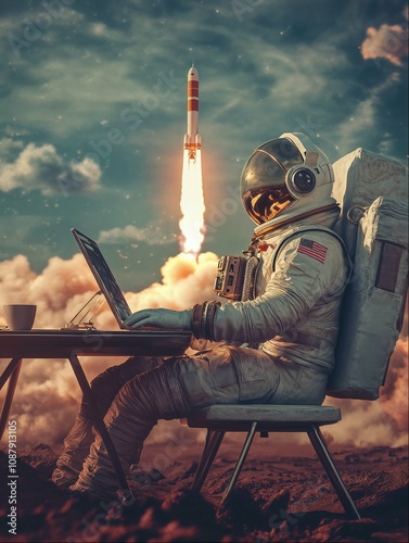 Remote Working Astronaut with Rocket Launch in the Distance