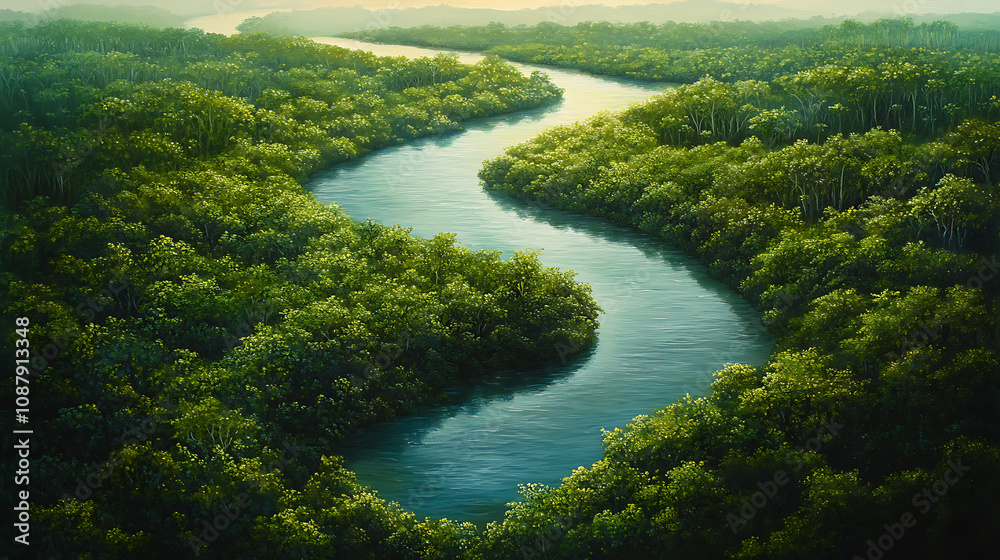 Aerial view of congo river meandering through lush green mangrove swamps digital painting Aerial view of congo river meandering through lush green mangrove swamps digital painting