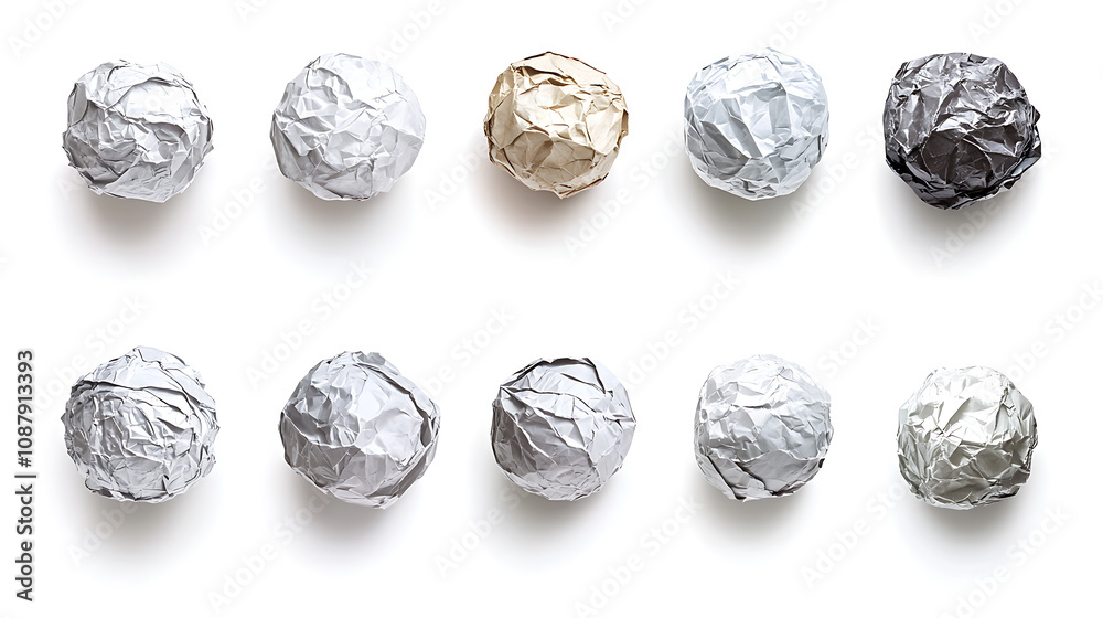 Collection of crumpled paper balls isolated on white background creative texture and pattern concept Collection of crumpled paper balls isolated on white background creative texture and pattern concept