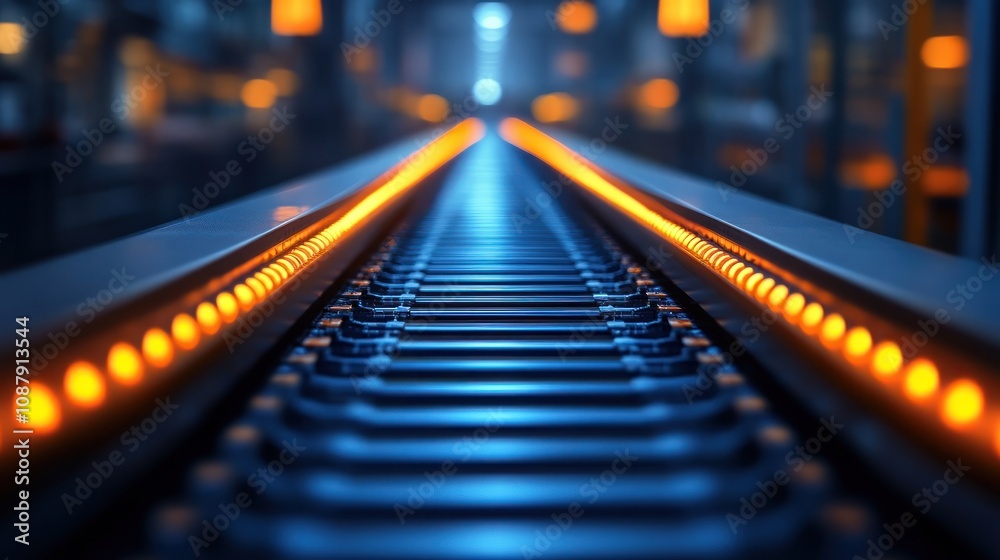 Industrial conveyor belt with illuminated elements. Industrial conveyor belt with illuminated elements.