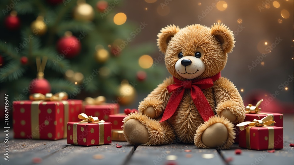 A cozy teddy bear adorned with a red ribbon sits beside festive Christmas presents by the tree A cozy teddy bear adorned with a red ribbon sits beside festive Christmas presents by the tree