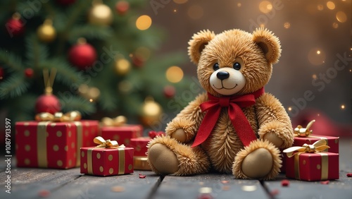 A cozy teddy bear adorned with a red ribbon sits beside festive Christmas presents by the tree