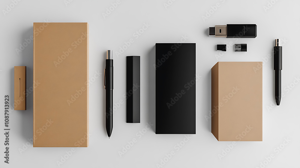 Isolated background mockup of a notepad, pen, USB, box, and package