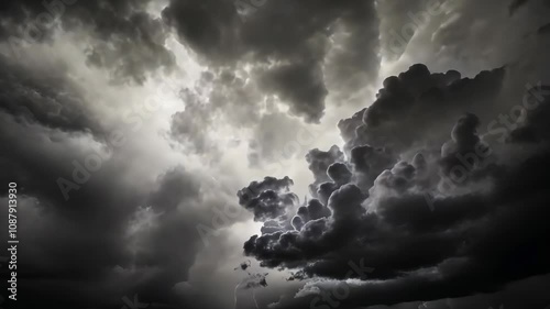 Panorama Dark cloud at evening sky with thunder bolt. Heavy storm bringing thunder, lightnings and rain in summer. Black and white thunderbolt background. Video