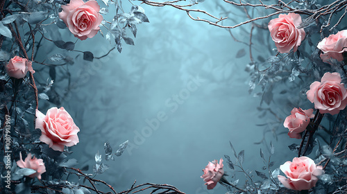 Fototapeta Naklejka Na Ścianę i Meble -  Intricate floral frame with pink roses and twigs on blue mystery bokeh forest background fantasy rose vignette border digital art
