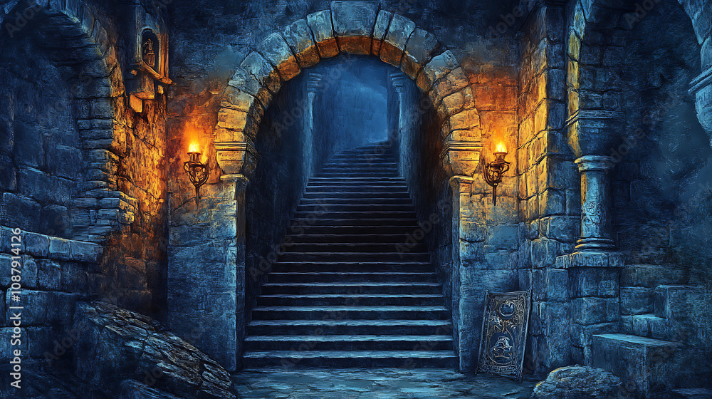 Fototapeta premium Medieval castle dungeon interior ominous stone walls flickering torches dark symmetrical staircase
