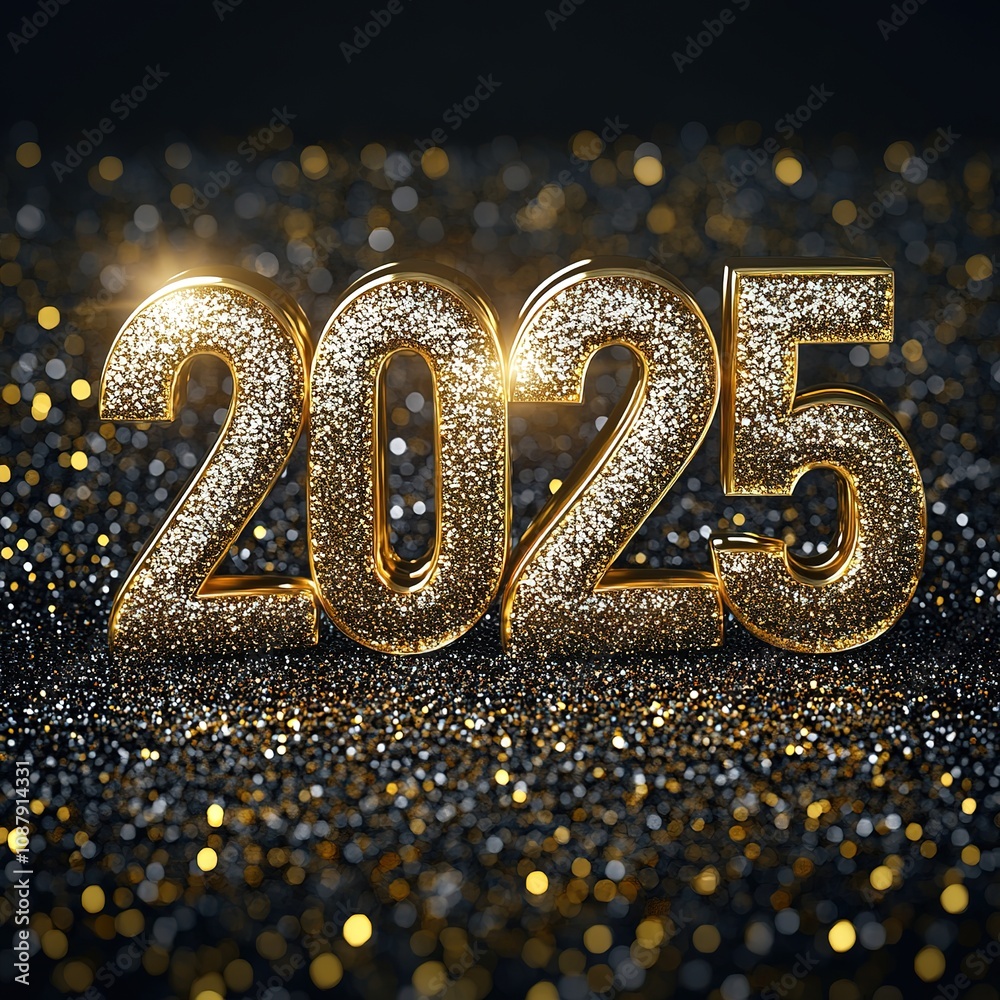 Luxurious 3D 2025 Numbers with Glitter and Crystal Elements on Gold and Black Sequin Background – Copy Space Template