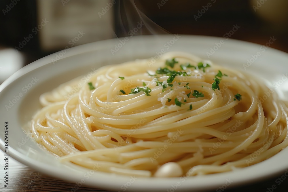 Fried spaghetti with olive oil, garlic, and chili, minimalist style Fried spaghetti with olive oil, garlic, and chili, minimalist style