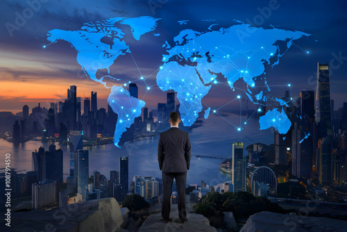 Man stands overlooking harbor with world map, symbolizing international trade connections.