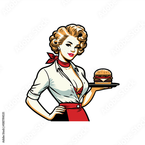 pinup girl waitress hold tray  of burger 
