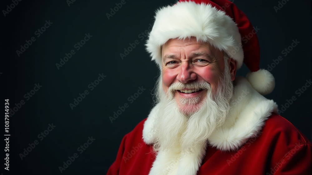 A cheerful old man in a classic Santa suit smiles against a dark holiday backdrop