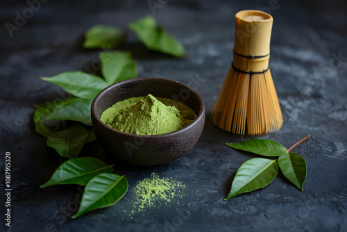 Bowl of green matcha powder, whisk, and fresh leaves, creating calming organic ambiance.