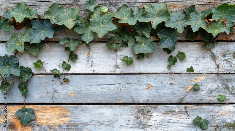 Ivy growing on a weathered wooden surface. Ivy growing on a weathered wooden surface.